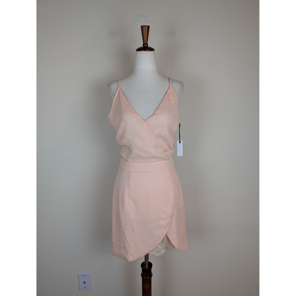 Lovers + Friends Dress Sml Peach Lace Trim Faux Wrap Strappy Party Cocktail NWT